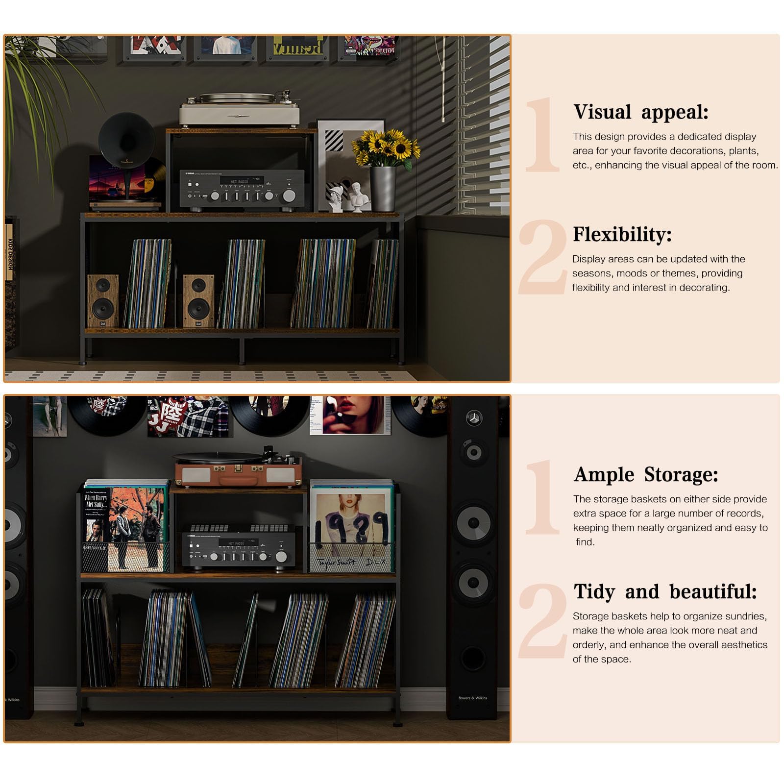 Sonyabecca Spazioso tavolino vintage per giradischi, contiene 150-250 album in vinile, divisori regolabili, aree di visualizzazione laterali, ideale per soggiorno, camera da letto, ufficio