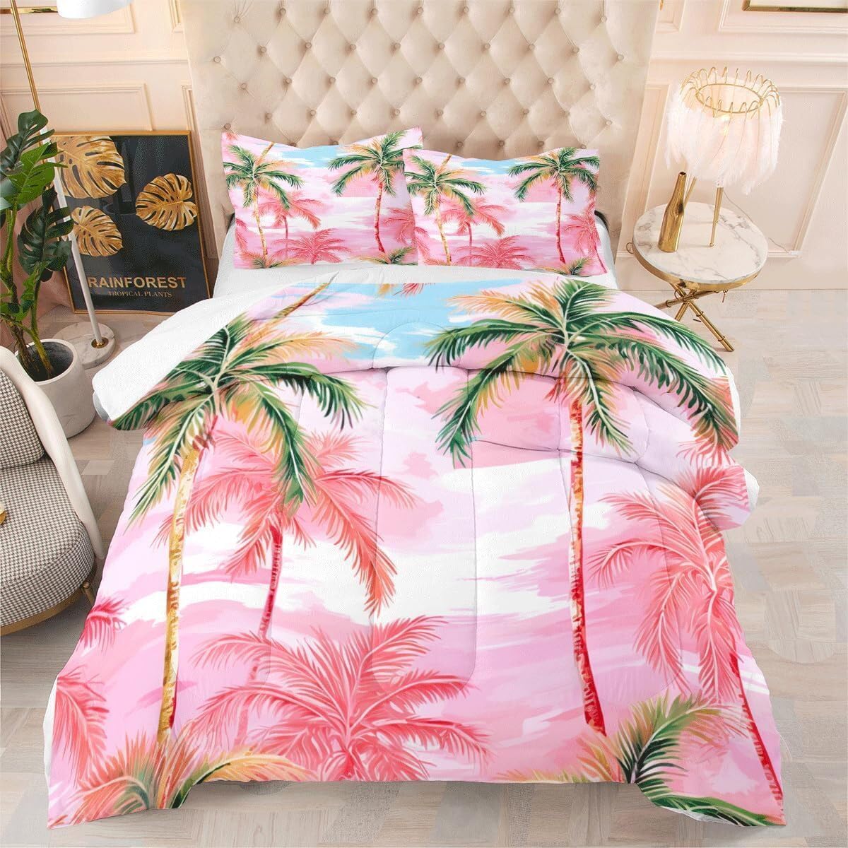 Coconut Palm Trees King Size Comforter Set Botanical Leaves Print 3Pcs Hawaii Beach Bedding Comforter Sets Summer with 2 Pillowcases Pink Green Bedding Sets