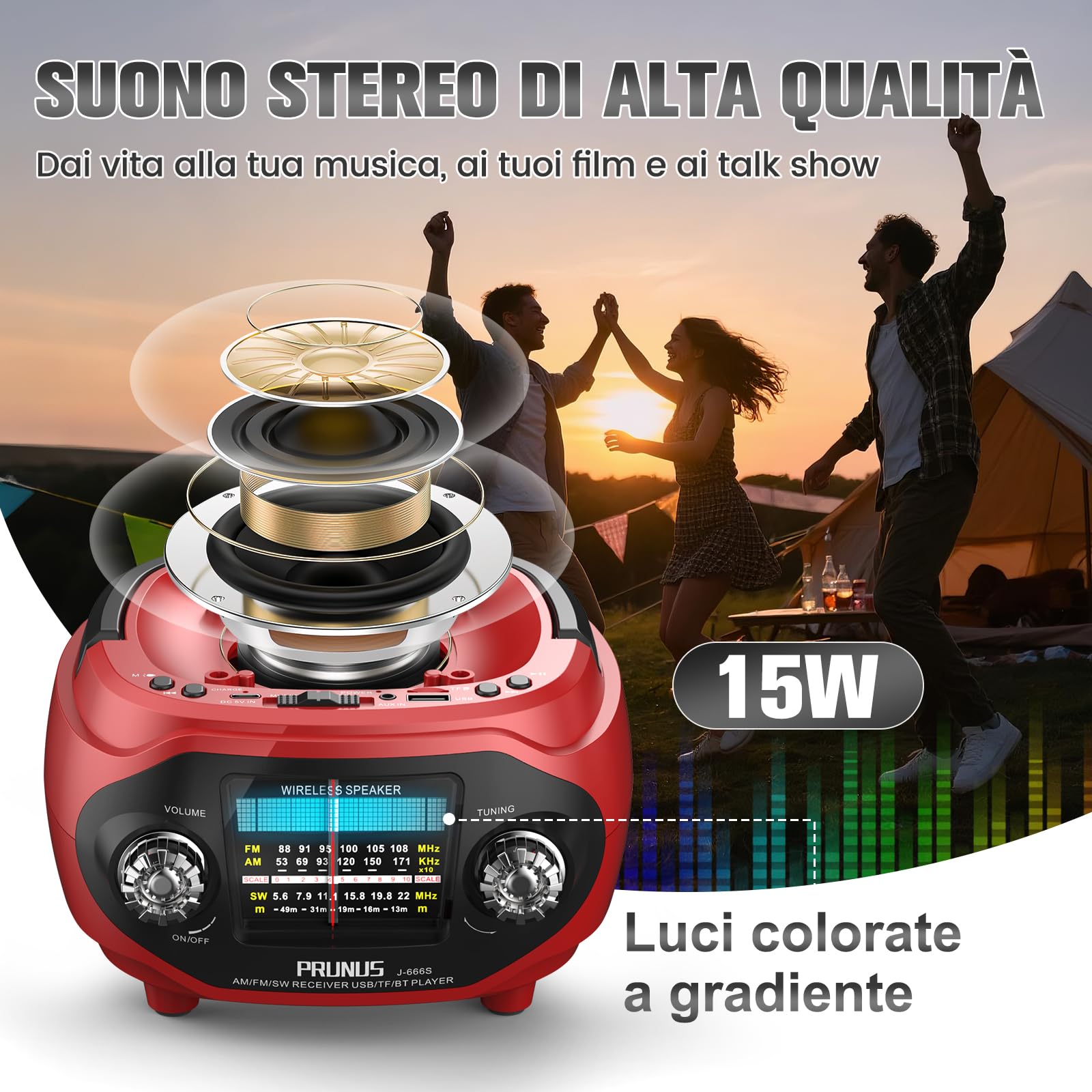 PRUNUS J-666S Radio Portatile Solare AM FM SW e Altoparlante Vintage Bluetooth 6.0 15W, Stereo e Bassi Ricchi, Ricaricabile via USB C, Supporta TF/USB/AUX, Ideale per Casa e Regalo (Rosso)