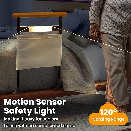 Miniatura 5 de Riel de cama con mango de madera maciza, rieles de seguridad para adultos mayores, con luz de movimiento y bolsa de almacenamiento, altura y