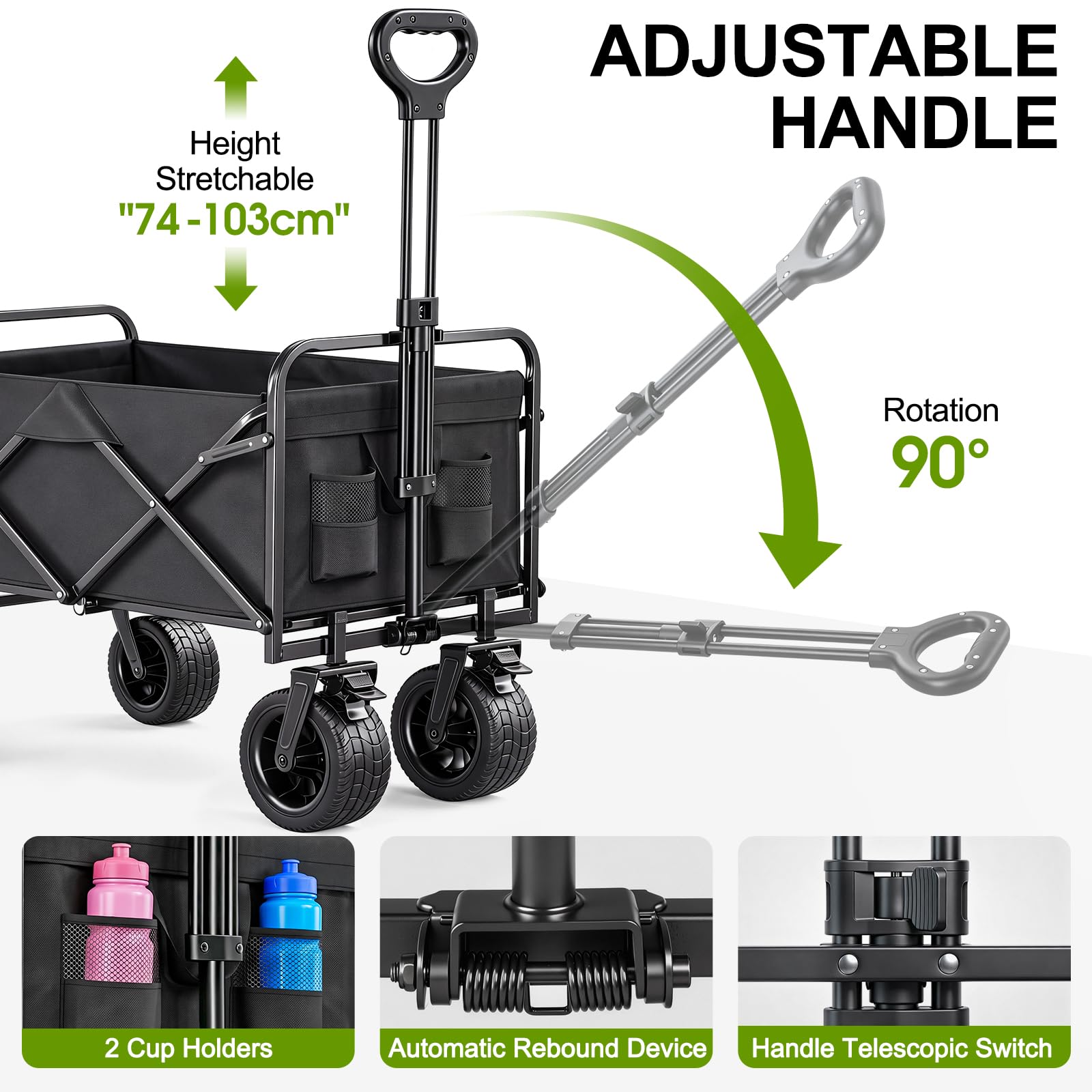 Bollerwagen Faltbar mit Bremsen 200L 200KG Belastbar, Extra Breite Reifen All Terrain Handwagen, Verstellbarer Griff & 2 Netztaschen, Faltbarer Bollerwagen Für Hunde, Einkaufen, Camping, Strand