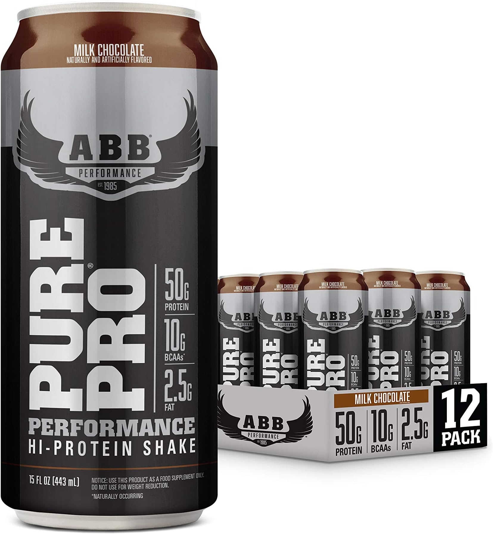 (ABB) Pure Pro 50, Post-Workout Recovery Protein Shake, Muscle Builder, HI-Protein, Low Fat, Low Sugar, Milk Chocolate Flavored, Ready to Drink 15 Fl Oz (Pack of 12)