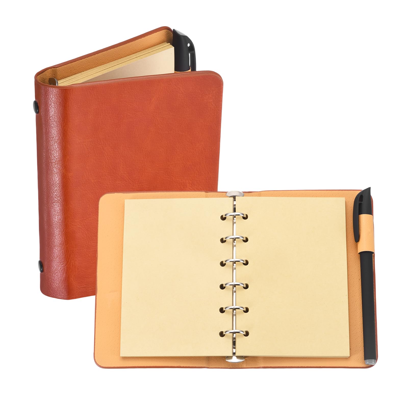 PATIKIL 6 Ring Binder Cover, A7 Leather Notebook Binder with 50 Sheets Refillable Kraft Paper and Gel Pen Loose Leaf Planner Compact Personal Organizer for Travel Office, Yellow-Brown