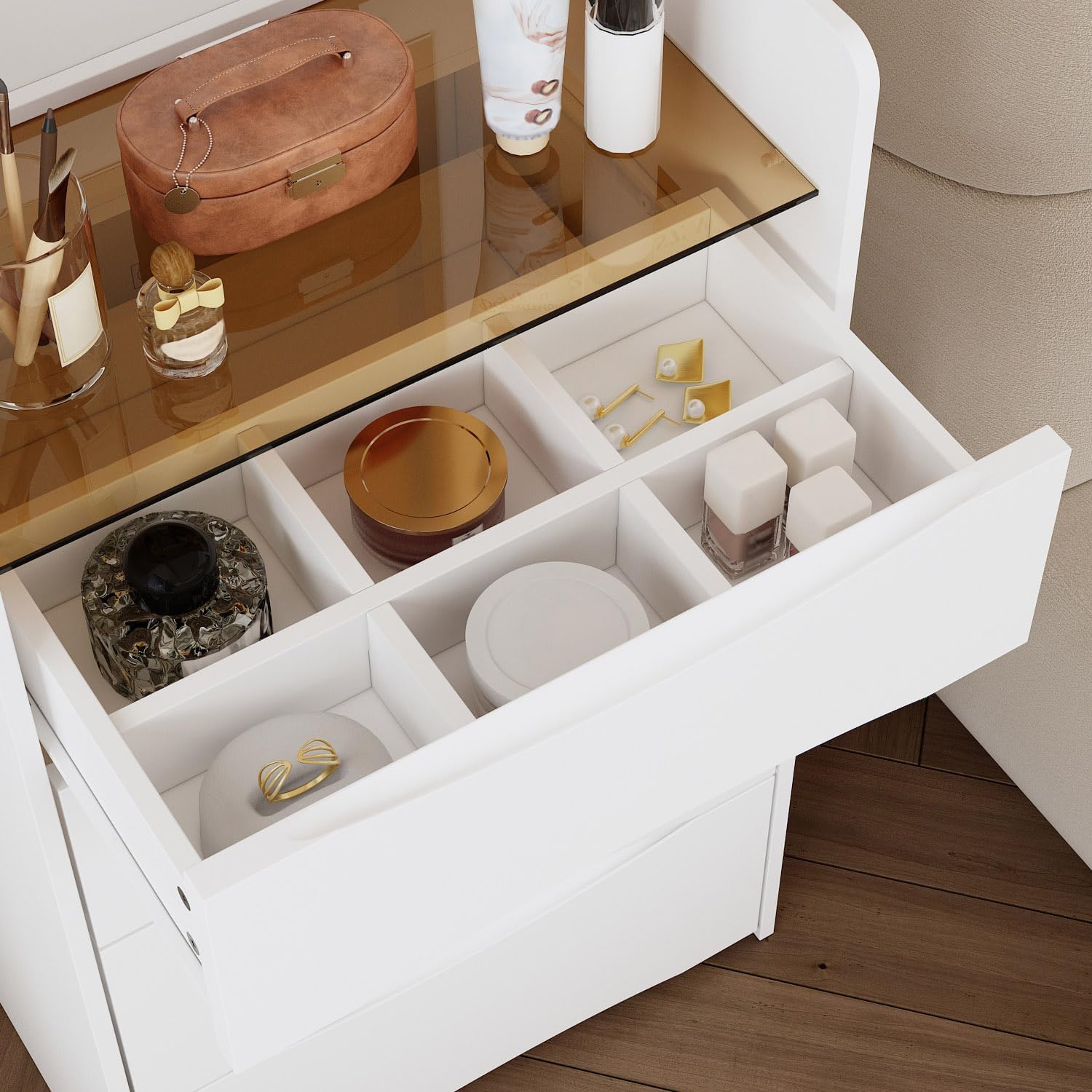 Timechee Vanity with Mirror and Lights, Small Foldable Cute Make up Vanity Desk with 3 Drawers, Hidden Chair, Shelves and Glass Tabletop for Bedroom, Dressing Room, White(18.7"x 15.7"x 47.2")