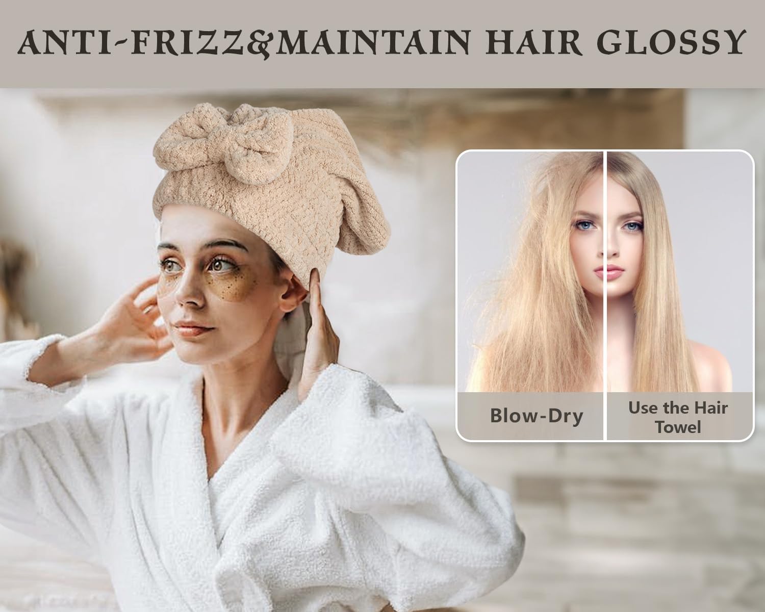 Molirex Hair Towel Wrap for Women 2 Pack Super Absorbent Quick Dry Hair Plopping Towel Curly Anti-Frizz Hair Turbans for Wet Hair Grey Khaki