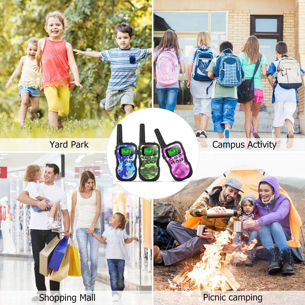 Nestling Walkie Talkies para Niños Pack de 3, Walkie-Talkies Infantiles con Largo Alcance 3 KM, Linterna, Función VOX, Regalos de Cumpleaños, Juguetes para Exterior Camping (4 Pilas AAA No Incluidas)