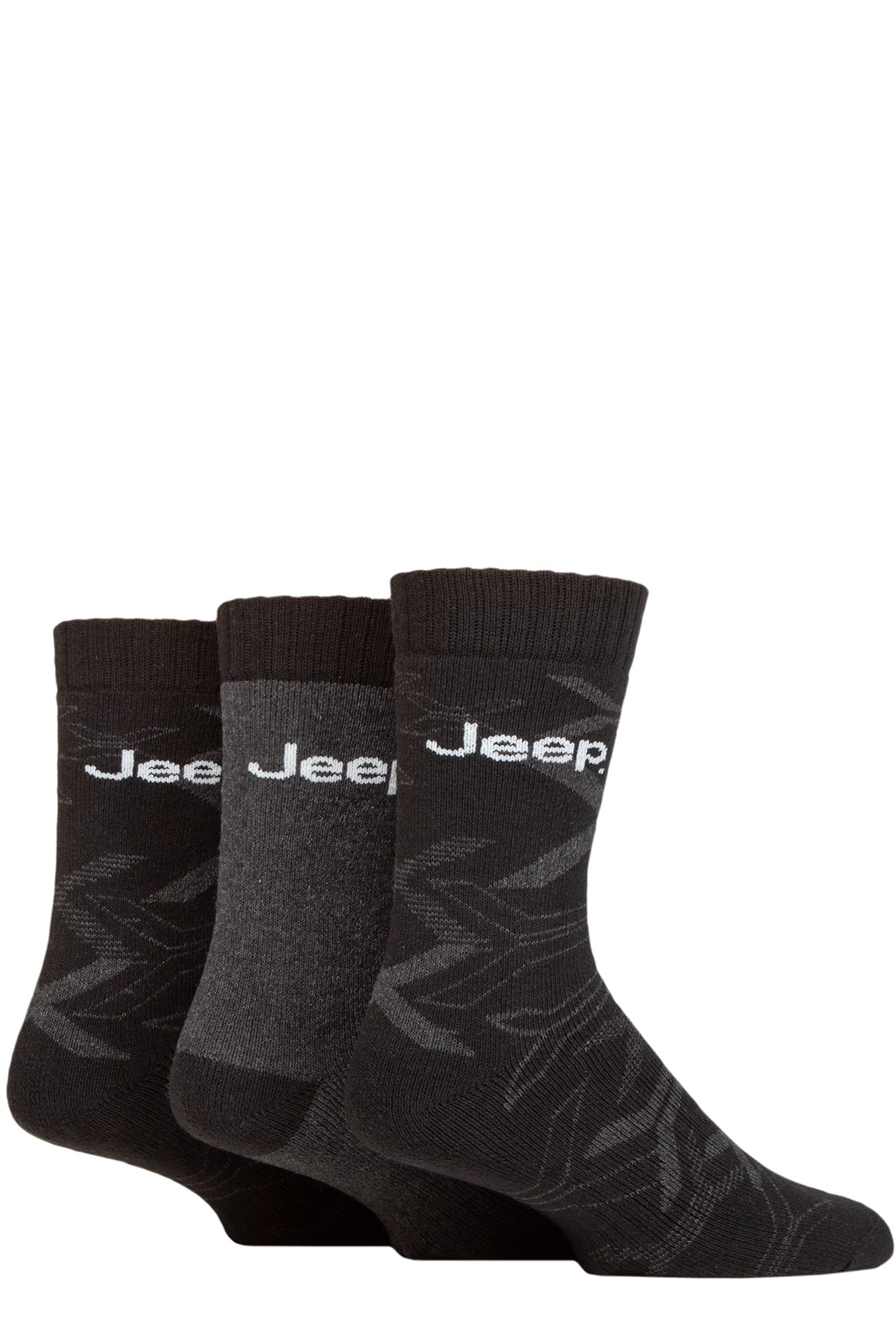 Jeep Men's Black/Charcoal Camo Patterned And Plain Eco-Friendly Recycled Cotton Blend Boot Socks With Elasticated Arch Support And Full Terry Cushioning In A Multipack Of 3 6-11