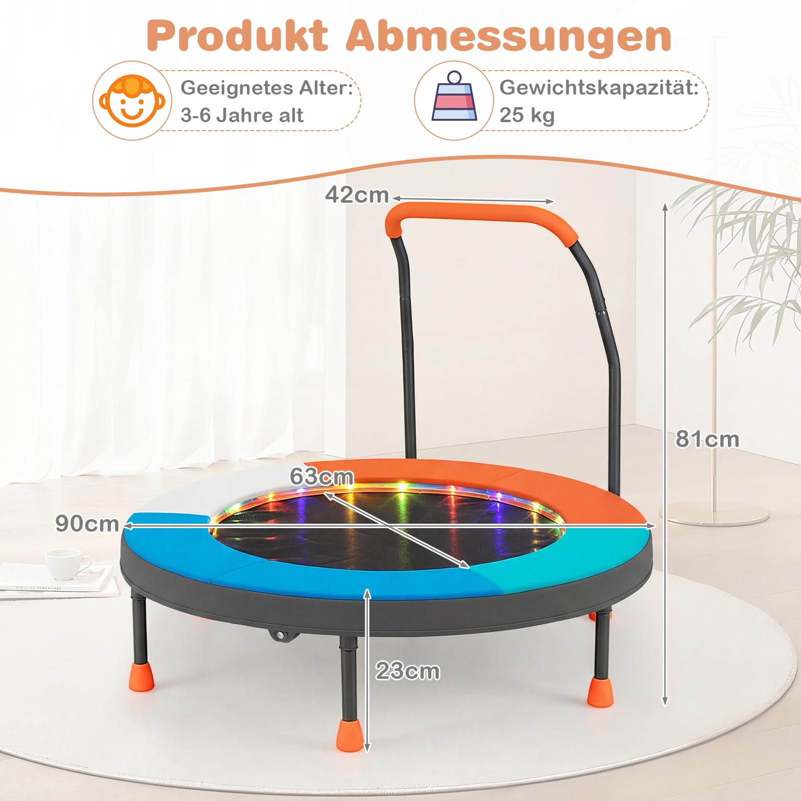 COSTWAY Ø90 cm Kinder Trampolin, Minitrampolin faltbar mit LED Beleuchtung, Fitness Trampolin Indoor mit Griff & Tragetasche, Gartentrampolin klein für Kinder ab 3 Jahren