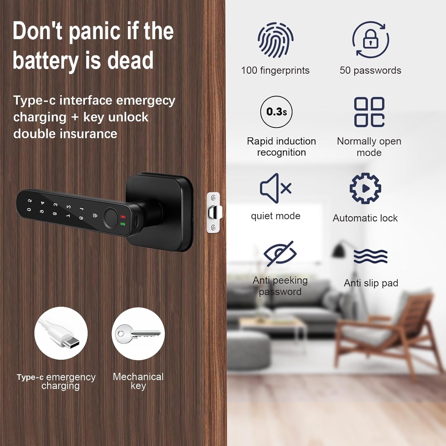 Close-up of the fingerprint sensor on the OFFTV Smart Door Lock, highlighting its larger sensor area.