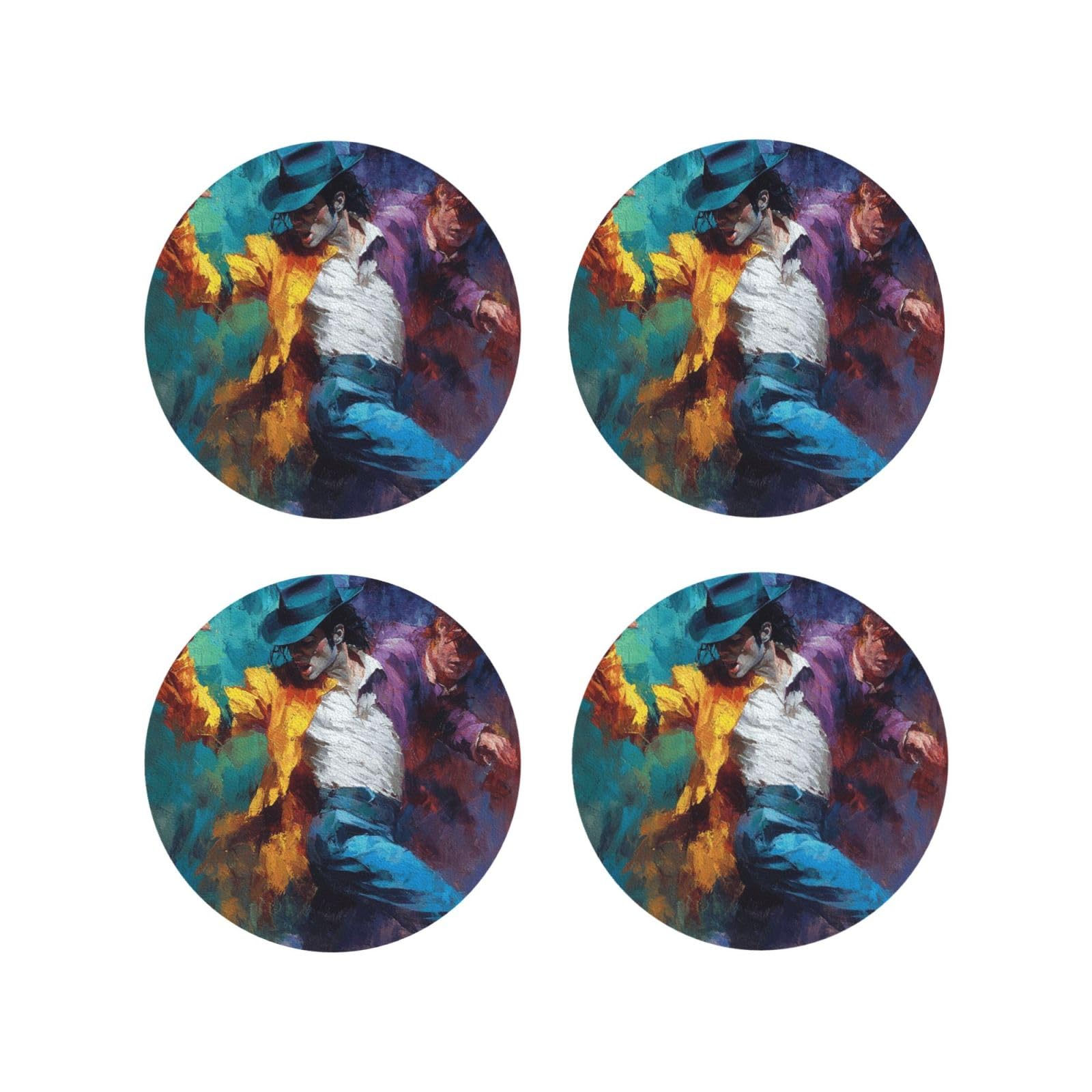 Coasters Set of 4 Round Leather Coaster Quick-Dry Drink Michael Jackson Coasters for Desk Absorbent Mugs Pads Tabletop Protection Pad Heat Resistant Coffee Cup Mat for Kitchen Bar