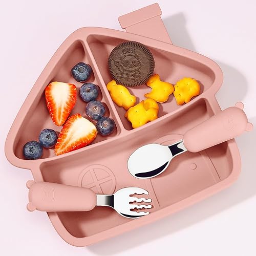 Juego de 3 piezas de alimentación de silicona para niños pequeños, placa de succión dividida con tenedor y cuchara, vajilla de silicona de grado
