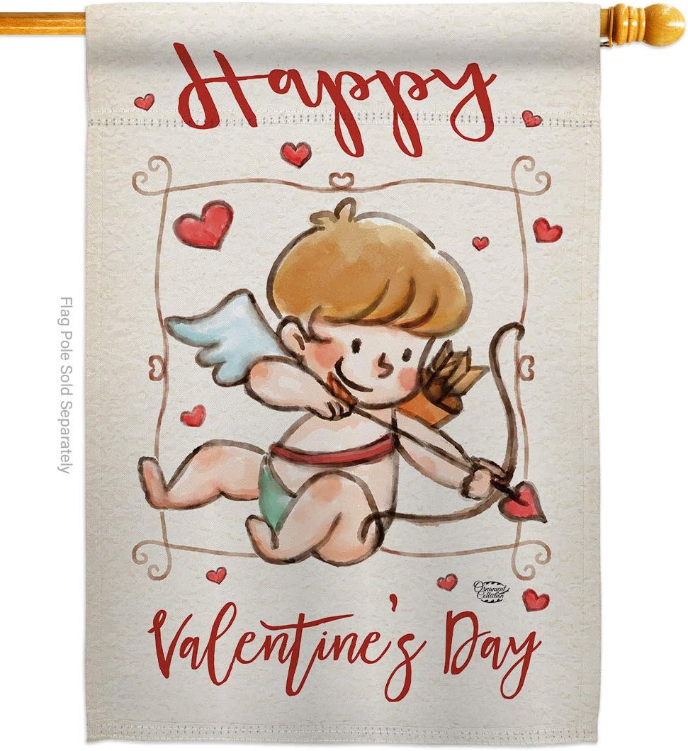 H191109-BO Happy Valentine's Day Cupid Spring Valentines Impressions Decorative Vertical 28" x 40" Double Sided House Flag Printed in USA Multi-Color