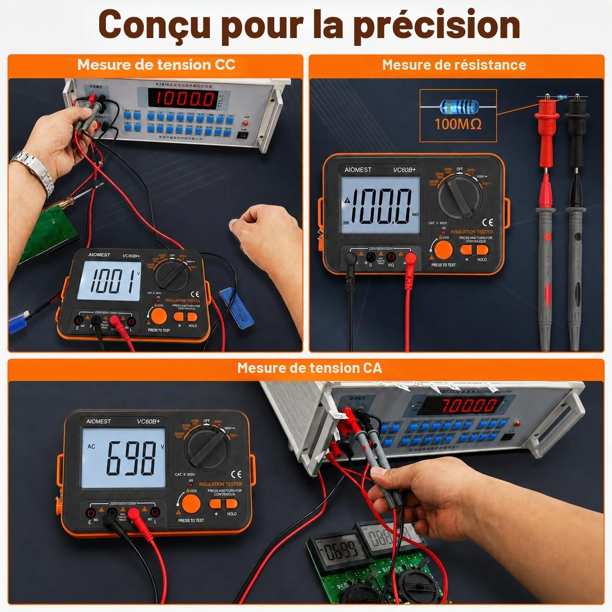 Testeur d’Isolement Numérique 1000V, AIOMEST Mégohmmètre Digital avec Tension Réglable 250V/500V/1000V, Mesure jusqu’à 2 GΩ, Testeur de Continuité, CAT III 600V Multimètre pour Moteurs et Câbles