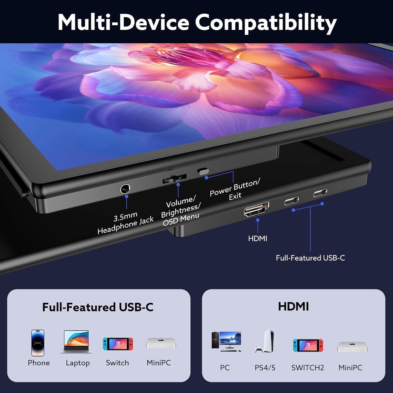 23.8'' Portable Monitor 2.5K 180Hz QHD 1440p, VESA USB-C HDMI Laptop Screen Extender, Built-in Stand Speakers for Laptop Mac PS4/5 Xbox Switch