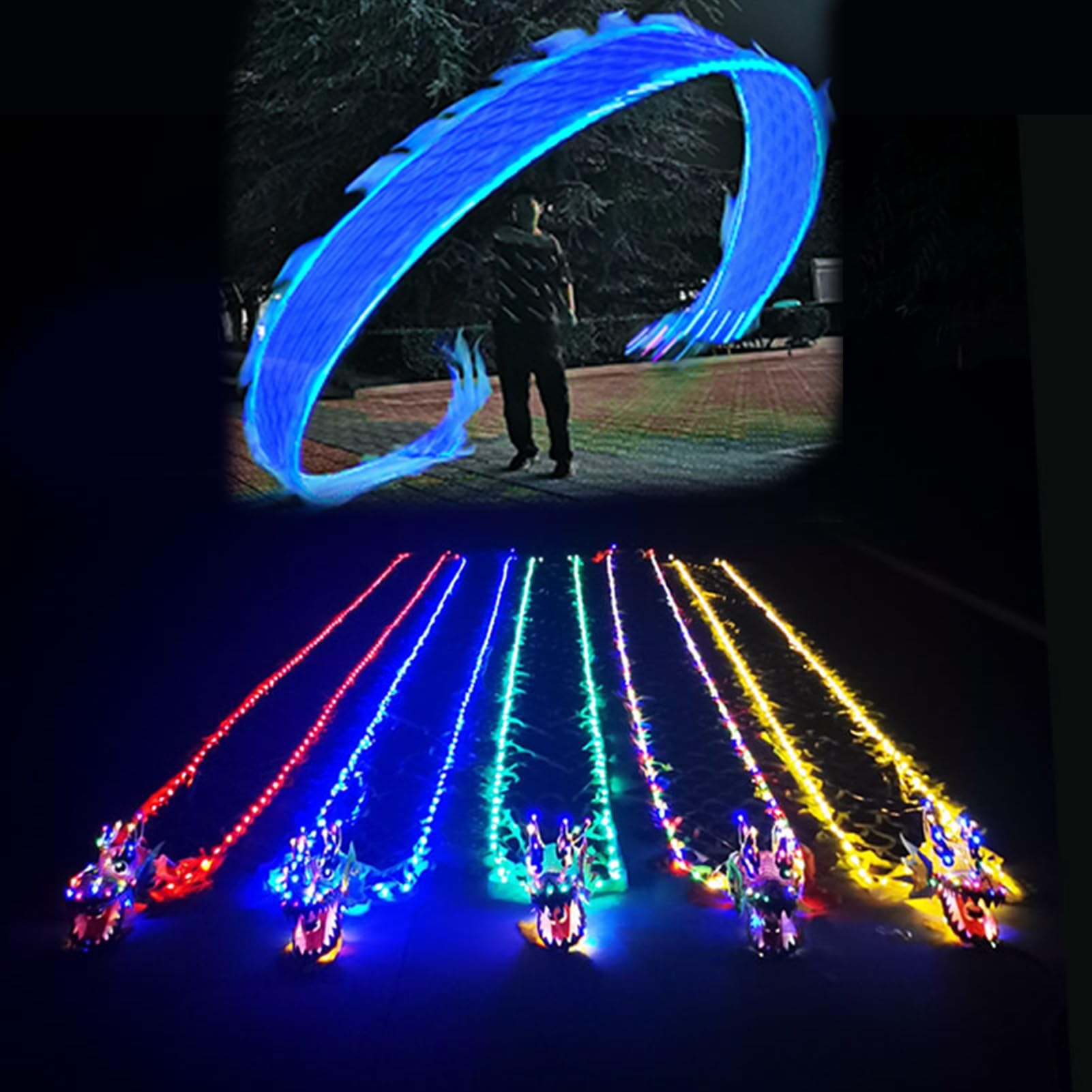 EXCLURA Dragon Poi Blue Dragon Poi Led Dragon Ribbon, Light up Flowy Dragon Poi Streamer for Night, 26ft/ 33ft Chinese Dragon Dance with 3D Real-like Head(Size:8 m (26 ft))