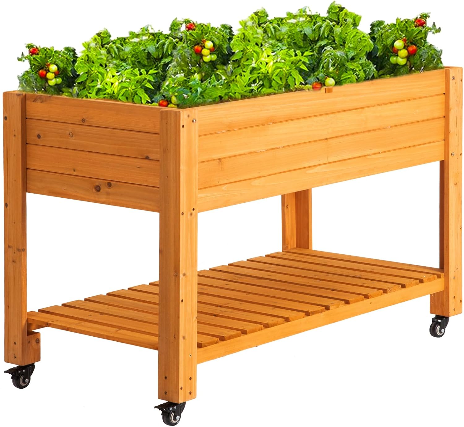 FORTUNO Raised Garden Bed with Wheels 48"x24"x33" Large Wood Planter Box with Legs Outdoor Mobile Wooden Elevated Raised Beds for Vegetable Flower, Standing Gardening Box with Liner for Patio, Deck