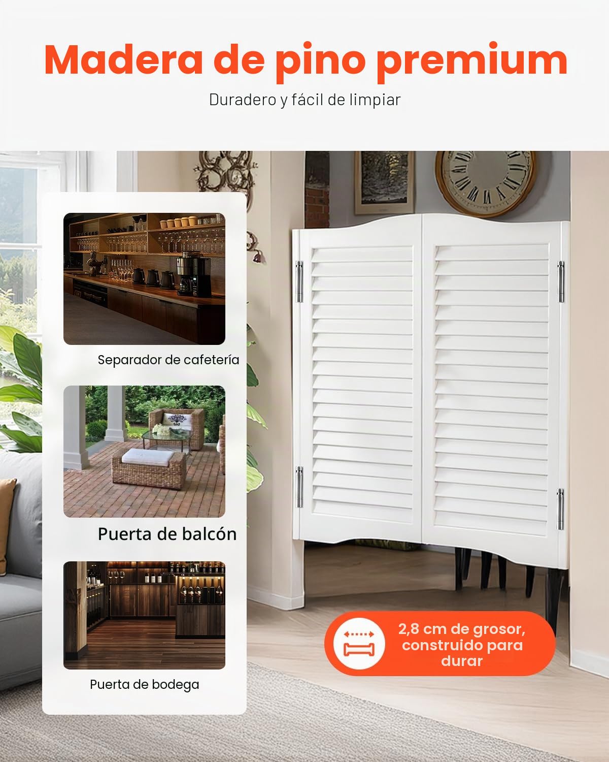 VEVOR Puertas Batientes para Cafetería, Puerta Interior con Arco Superior de Doble Acción 900 x 28 x 900 mm de Madera de Pino con Bisagras y Herrajes para Pasillo, Cocina, Bar, Color Blanco