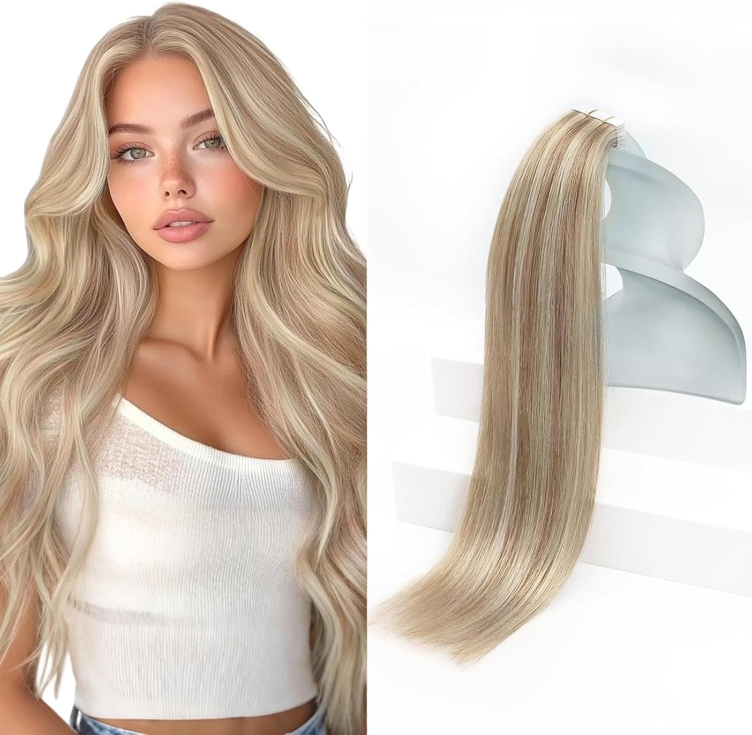 Sunny Hair Blonde Tape in Hair Extensions Human Hair Ash Blonde Highlight Bleach Blonde Hair Extensions Tape in 20 Inch Remy Tape in Txtensions for Women Wedding 20Pcs 50g