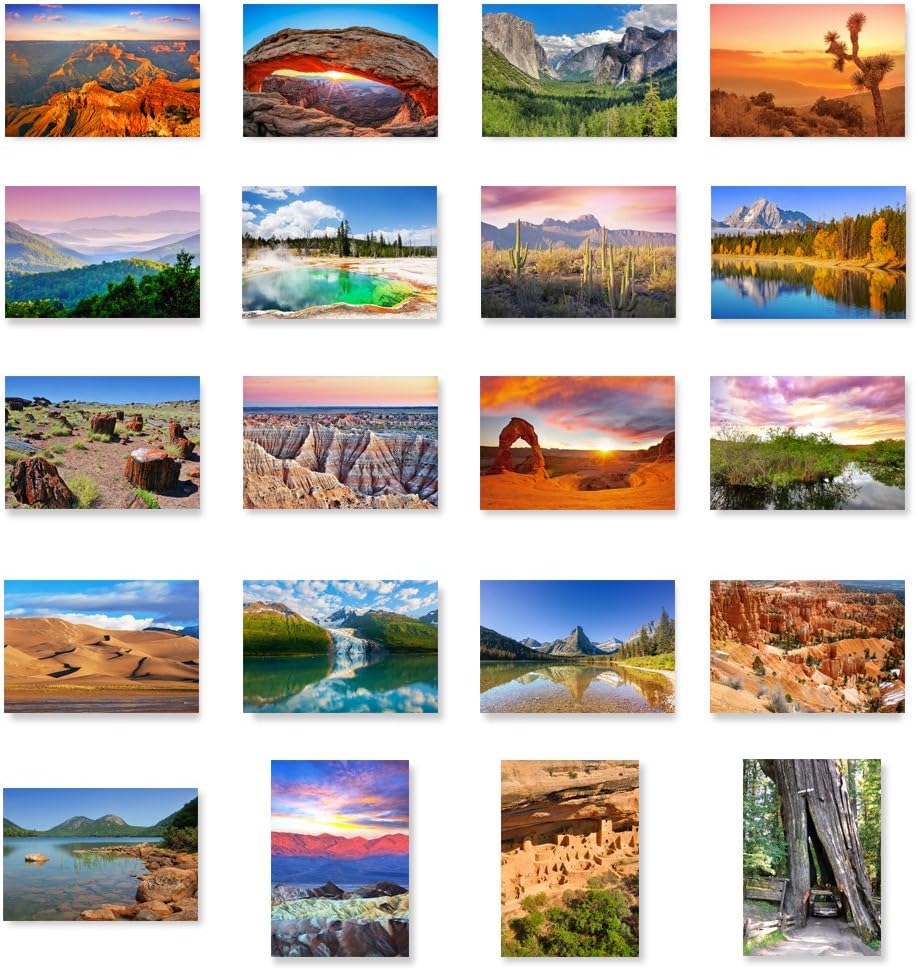 US NATIONAL PARKS postcard set of 20. Post card variety pack depicting American national parks postcards. Made in USA.