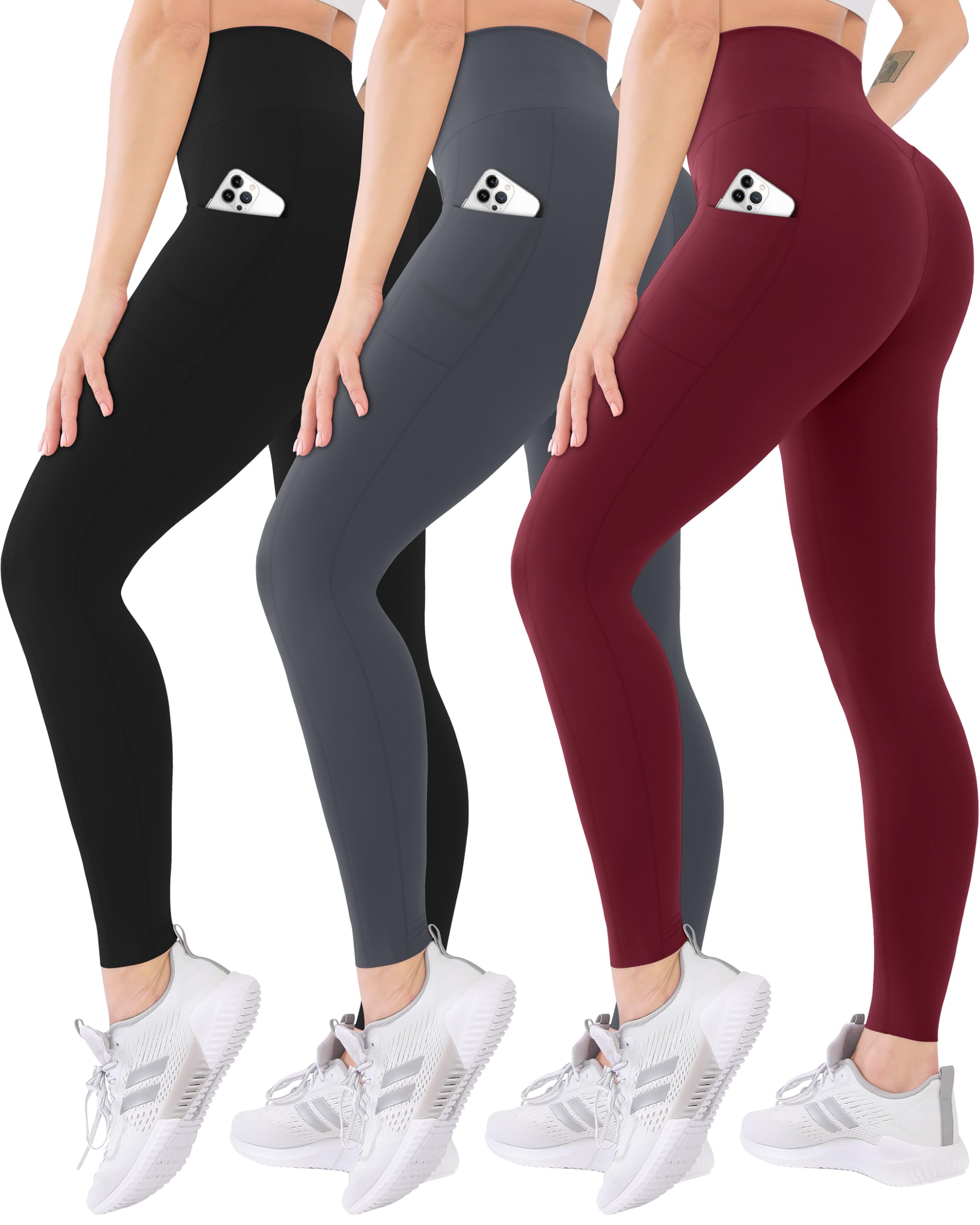 Blisset Paquete de 3 leggings de cintura alta para mujer con bolsillos, pantalones suaves y activos con control de abdomen para yoga, correr y uso diario, 015-negro/gris/burdeos, L-XL
