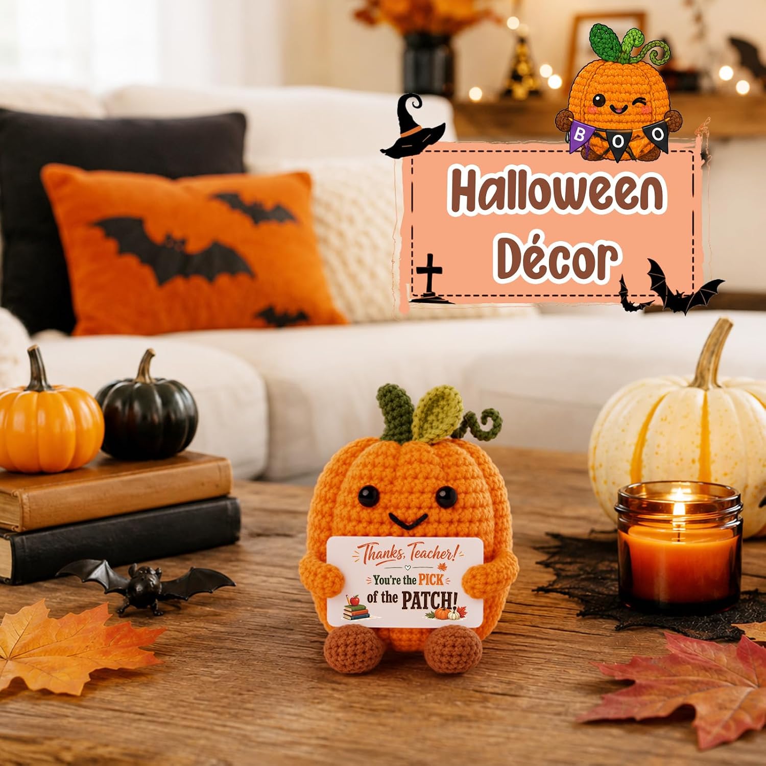 Halloween Teacher Gifts, Thanksgiving Appreciation Gifts for Women Teacher Cute Handmade Crochet Pumpkin, Halloween Boo Basket Stuffers Autumn Fall Gift Office Decoration from Students