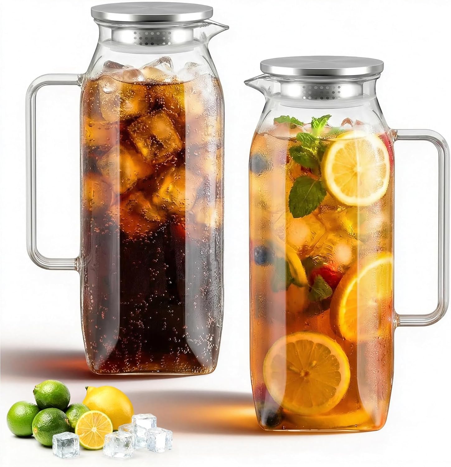 2 Pack Glass Pitcher with Lid and Handle for Fridge, Iced Tea and Coffee Carafe Beverage Serveware, 2 Liters/68 oz Heat Resistant Borosilicate Water Jug for Hot/Cold Drinks