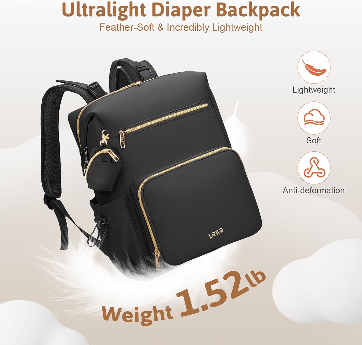 Lekesky 27L Large Diaper Backpack with 10+ Pockets, 1.52Lb Lightweight Durable Baby Bag, with Foldable Changing Pad & Pacifier Case, Anti-theft Pocket, Wipes Pocket, Easy to Clean, Black - Image 5