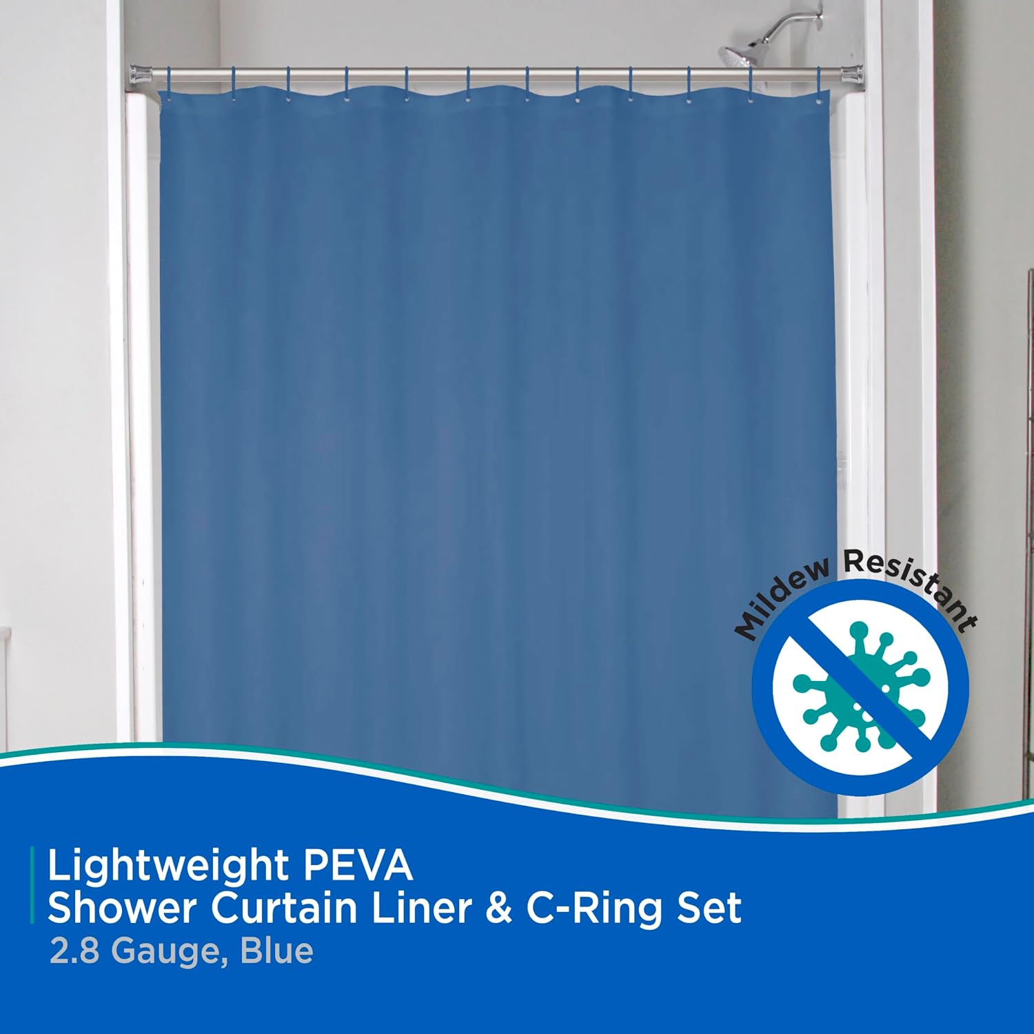 Kenney KN61752 Lightweight 3 Gauge Waterproof PEVA Shower Curtain Liner with Durable Eyelet Hang Holes, Weighted Magnetic Hem, and 12 Piece Plastic C-Ring Set for Bathroom, 70" W x 72" H, Blue