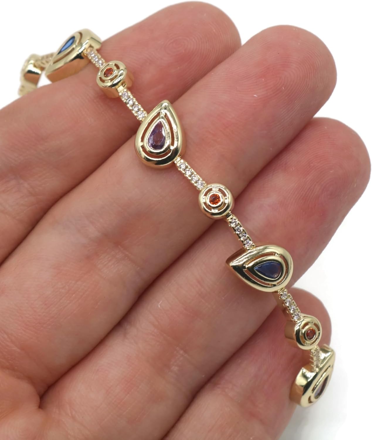 Gold Plated Colorful Teardrop and Round Gemstone Bracelet – Elegant Adjustable Women’s Jewelry with Cubic Zirconia Accents BR05 - Image 4