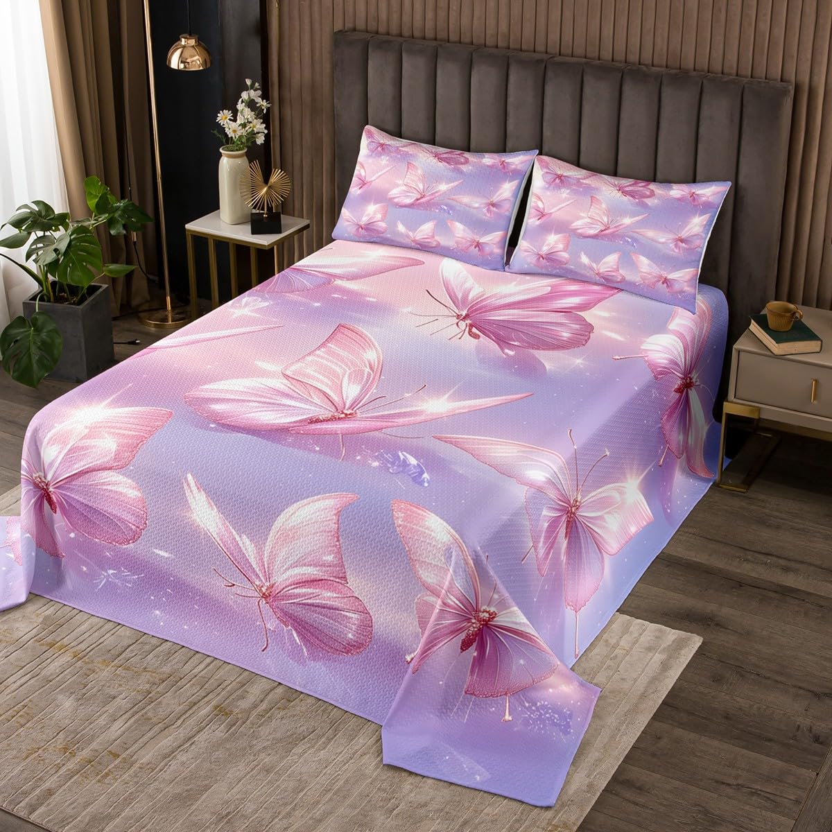 Castle Fairy Pink Butterfly Bedspread for Kids Boys,3D Watercolor Dreamy Animal Coverlet Set Bedroom Decor Soft Quilted,Butterflies Purple Oil Painting Quilt Set with 1 Pillow Sham, Twin Size