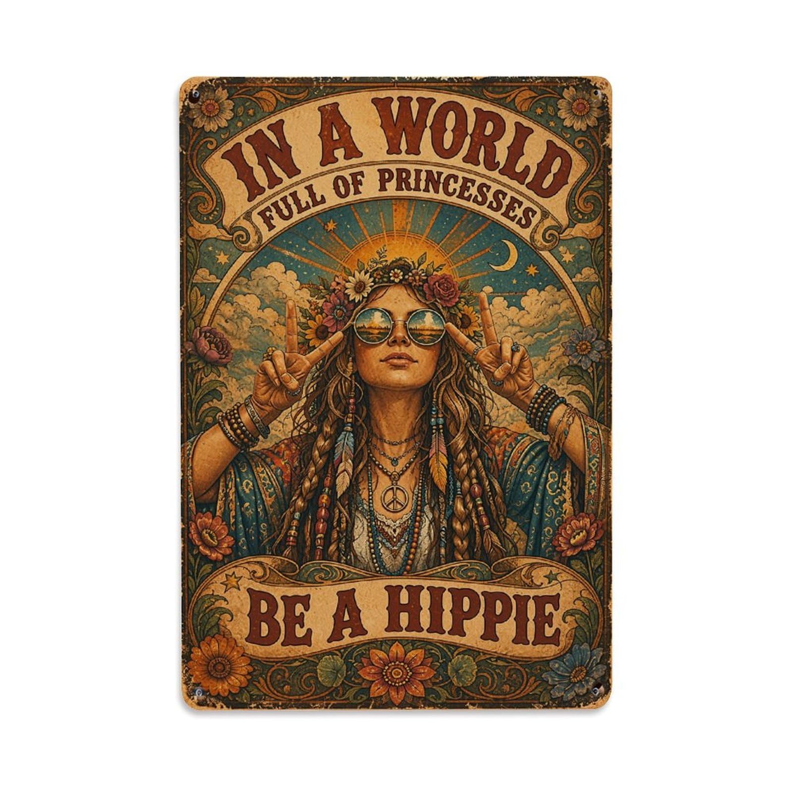 Nestemfo Vintage Hippie Woman With Peace Sign Tin Sign Metal Sign, Living Room,Bar, Home, Bedroom Wall Decor,Retro Metal Poster 8X12 Inches