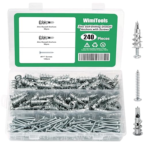 Juego de 240 anclajes y tornillos de zinc para paneles de yeso autoperforantes, anclajes de pared de metal resistente y tornillos #8 x 1 pulgada