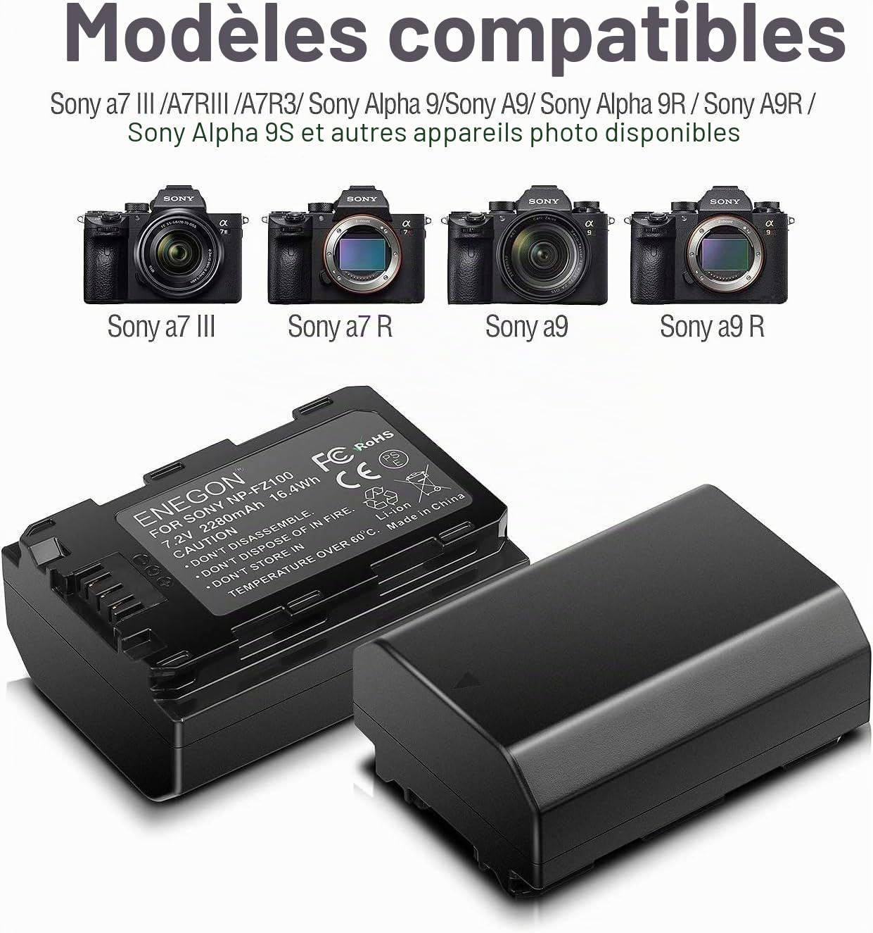 ENEGON NP-FZ100 Chargeur de Batterie 2x 2280mAh avec Chargeur Double LCD Type C pour Sony a6600 a1 A9 A7RIII