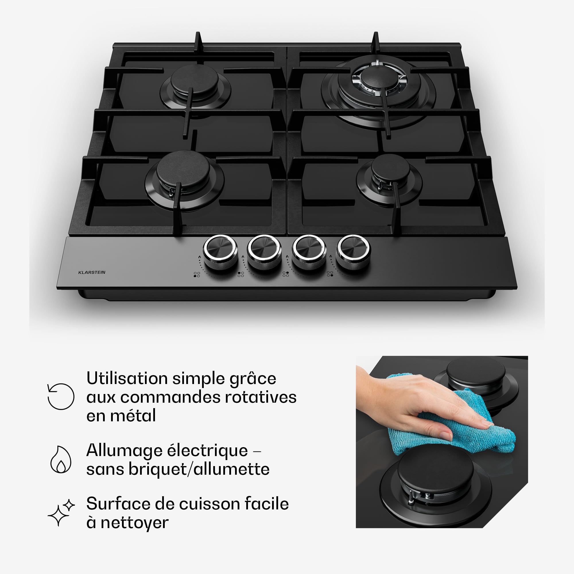 Klarstein Verosteel Plaque de Cuisson Gaz 60cm - 4 Brûleurs 8000W, Verre & Inox, Allumage Électrique, Sécurité Anti-Flamme, GPL & Gaz Naturel, Kit Inclus, Acier inoxydable noir