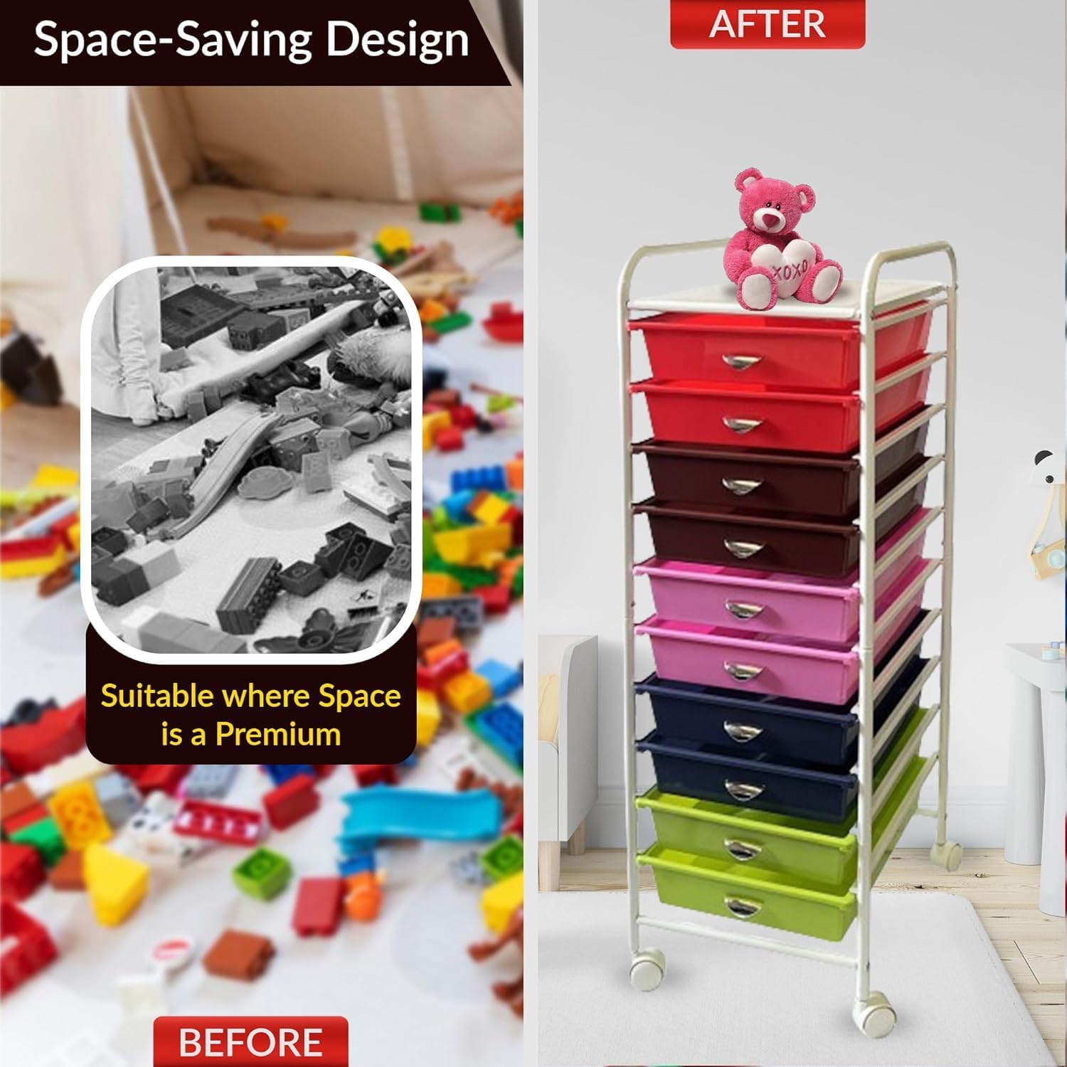 US TECH Storage Organizer for Art Supplies Beauty Products Kids' Cafts & Makeup with 10-Drawer Multipurpose Rolling Storage Organizer (10 Tier, Multicolor)