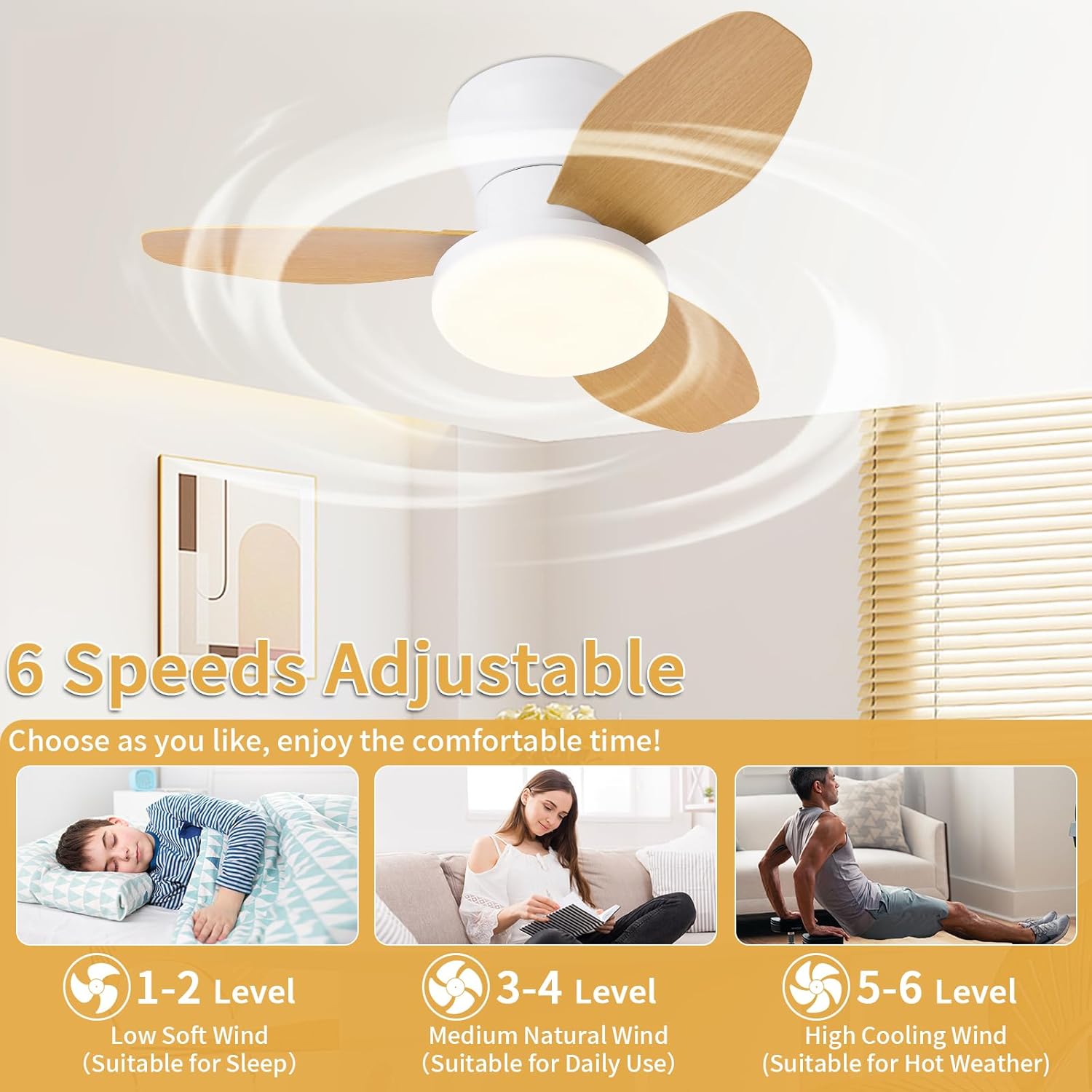 Small Ceiling Fan with Lights, 25 Inch Flush Mount with Remote Control, Reversible Quiet DC Motor, 3 Blades, 6 Speeds, Dimmable LED, Adjustable Color Temperature, Timer