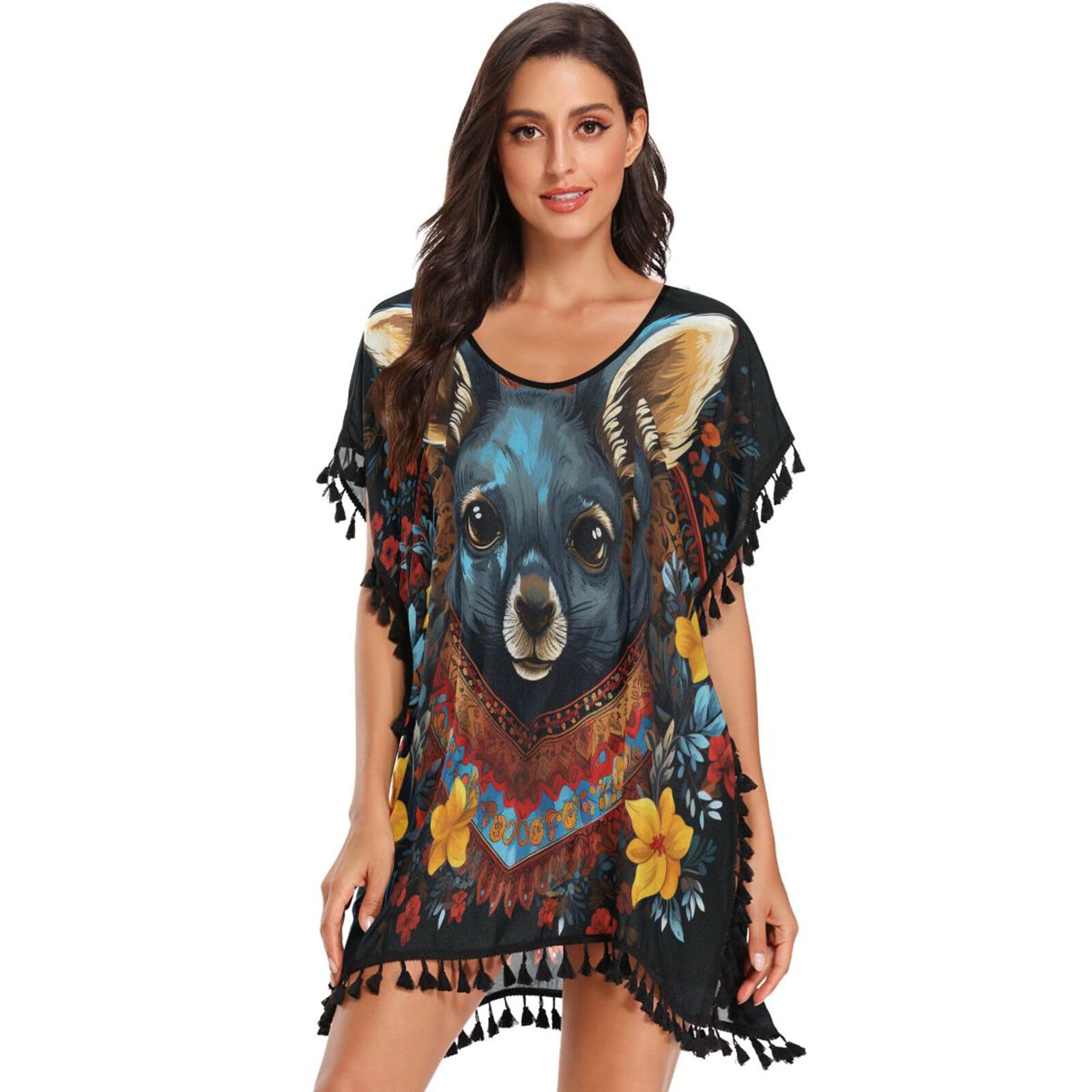 Black Kangaroo Blossom Women's Beach Cover Up Chiffon Tassel Swimwear Swimsuit Coverups for Girl