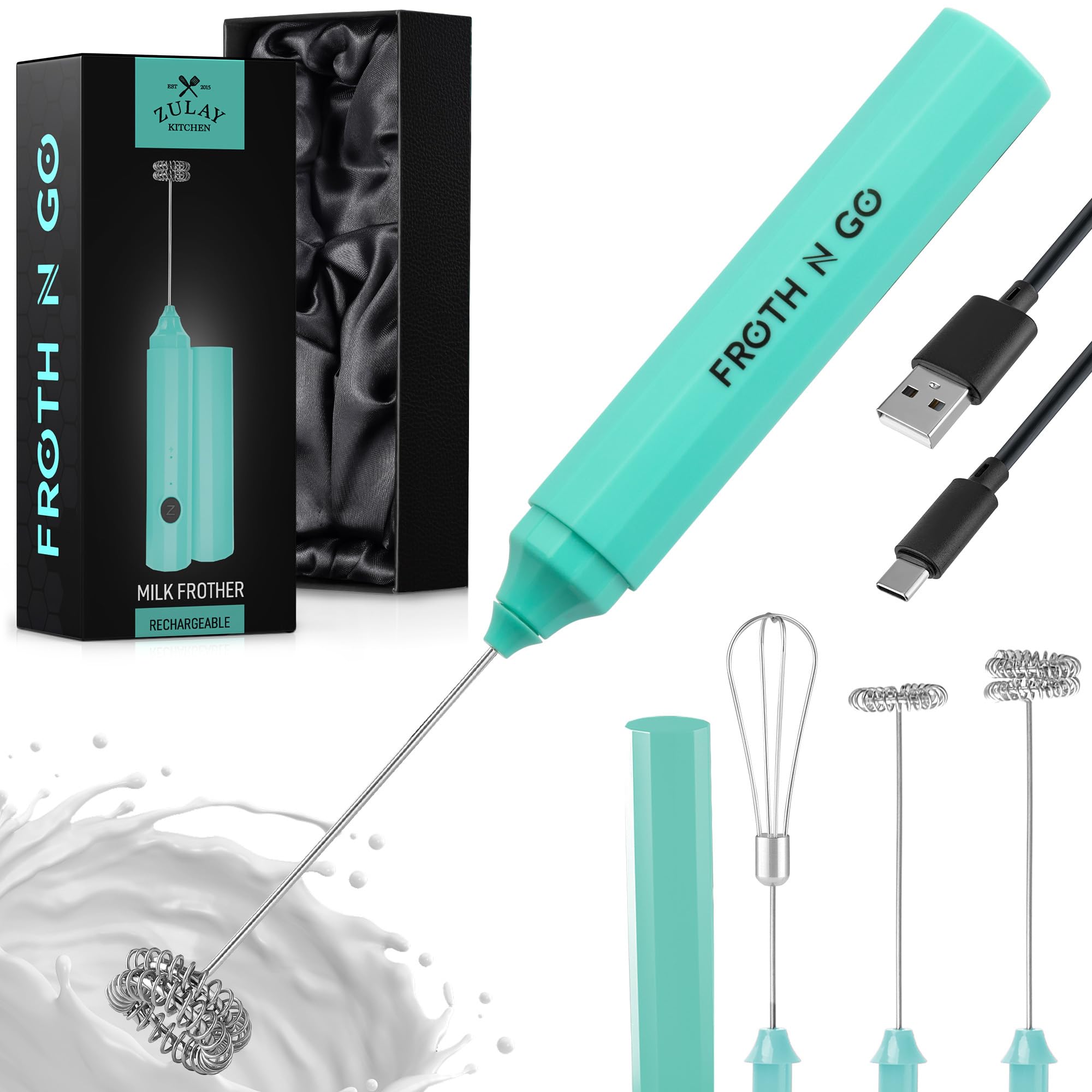 Zulay Froth N Go Milk Frother – Rechargeable 3-in-1 Handheld Frother Wand with Travel Case &amp; USB-C Charger – Single, Double &amp; Egg Whisk for Latte, Cappuccino, Matcha, Protein Shakes - Electric Aqua