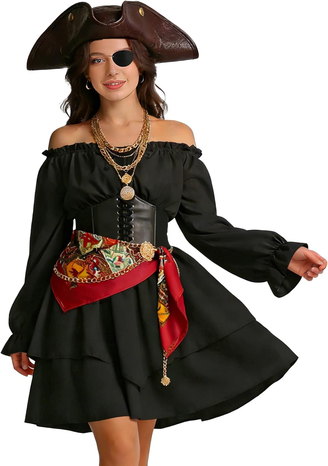 Vermeyen Pirate Costume Off Shoulder Dress Outfit with Pirate Hat Corset Necklace Bandana Headscarf Accessories