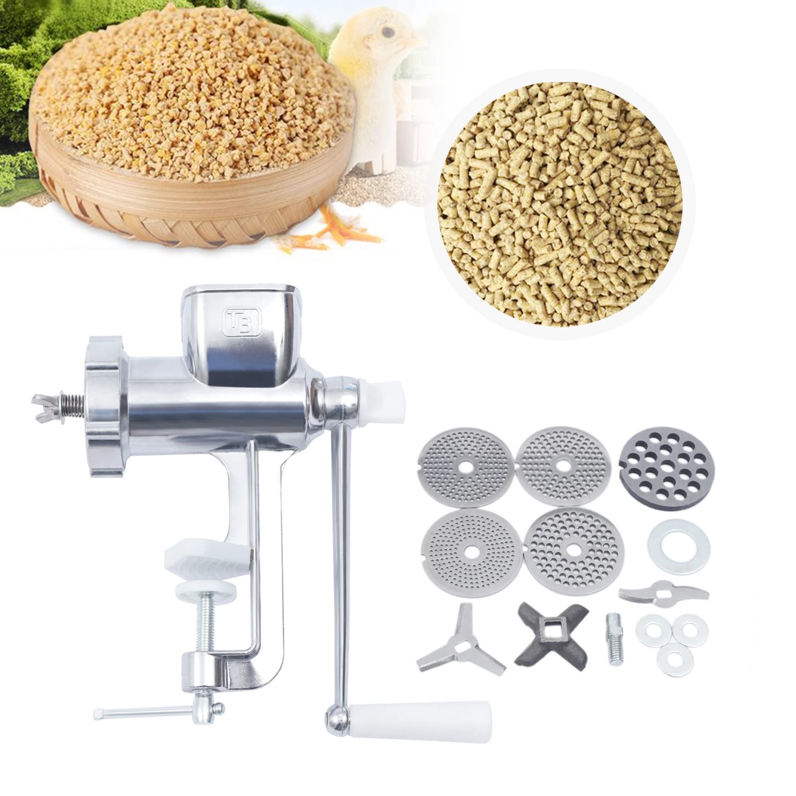 Manuelle Pelletmaschine Futterpelletmaschine, Tierfutter Pellet Maschine Heimtierfutter Pelletiermaschine mit 5 Verschiedenen Pelletplatten und 4 Klingen, für Hund, Katze, Kaninchen und Geflügel