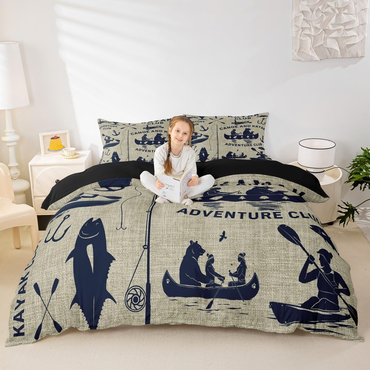Homewish Zestaw pościeli dla dzieci i dzieci, kajak, jezioro, dom, dekoracja, poszewka na kołdrę, szczęśliwy kemping, poszewka na kołdrę, szczupak, ryba, niedźwiedź, dzika przyroda, łódź, wędka