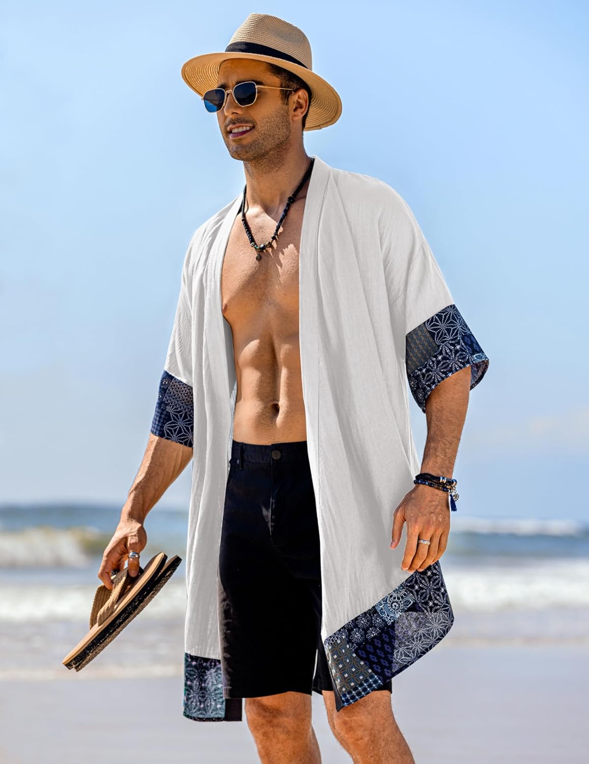 COOFANDY Men's Ruffle Shawl Collar Lightweight Cardigan Long Kimono Jackets Open Front Drape Cape Coat - Image 4