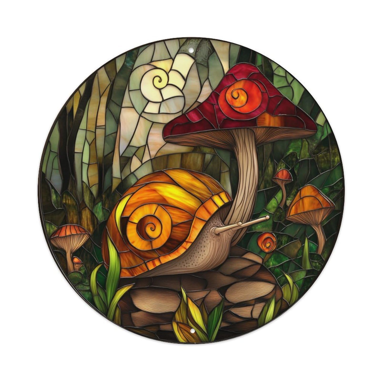 Snail And Mushroom Forest Stained Glass Art Sign Vintage Aluminium Metal Sign, Retro Wall Decor for Home, Bar, Garage & Farmhouse 20x20cm
