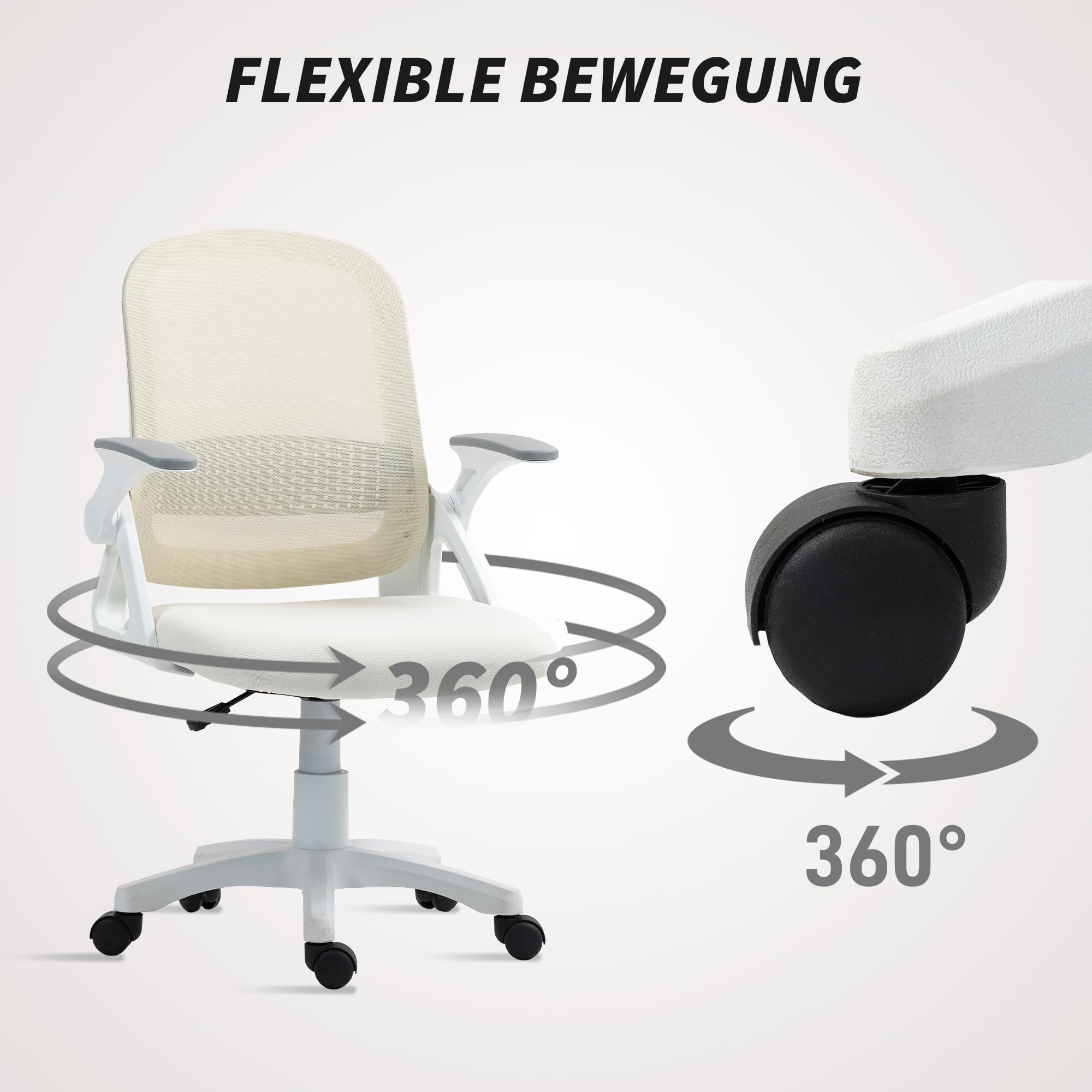 HOMCOM Bürostuhl mit Aufklappbarer Armlehne Lendenwirbelstütze Weiß | Ergonomischer Schreibtischstuhl, Höhenverstellbarer Drehstuhl mit Wippfunktion, Netzbespannung, Computerstuhl