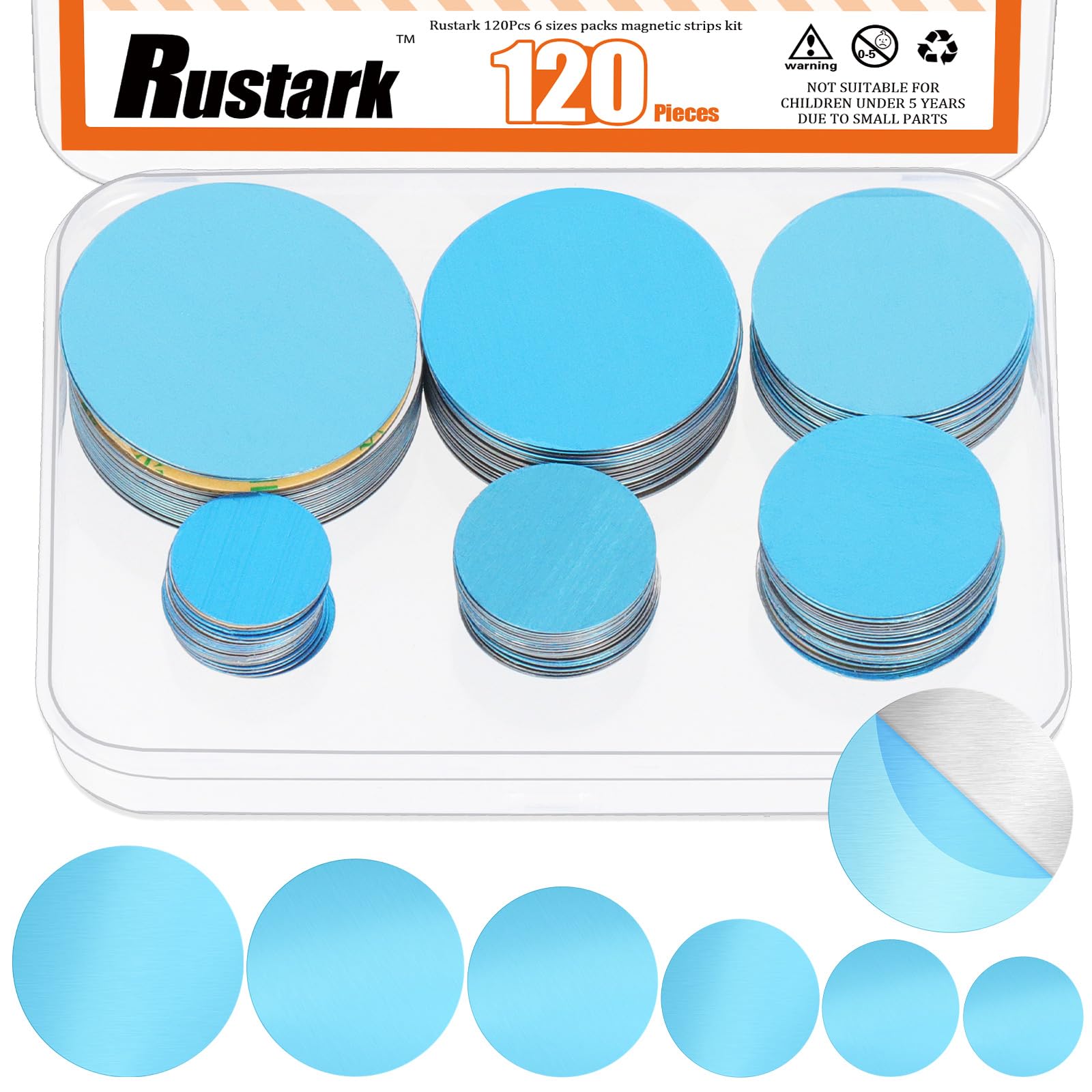 Rustark 120Pcs 6 Sizes Round Under Cabinet Light Magnetic Strip Adhesive Metal Magnetic Sticky Blue Replacement Magnetic Strips with Adhesive Backing for Cabinet Lights LED Lights