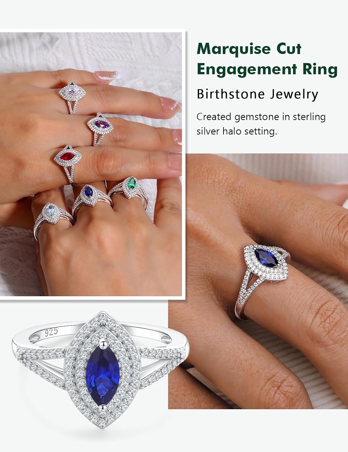 Marquise Engagement Ring 925 Sterling Silver Created Sapphire/Emerald/Ruby/Aquamarine Gemstone Double Halo Wedding Promies Rings Anniversary Jewelry Size 6-10 - Image 3