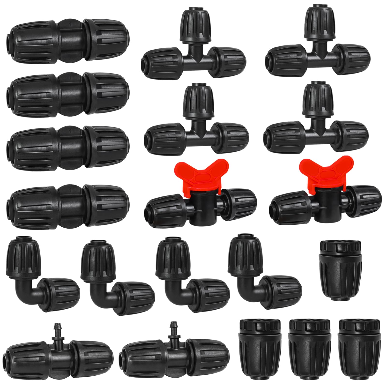 Kit de accesorios de riego de tubo de goteo de 1/2 pulgada, juego de 20 piezas de conectores de tuerca de bloqueo anticaída de línea de goteo de 1/2 pulgada, 4 acoplamientos, 4 tes, 4 codos, 2