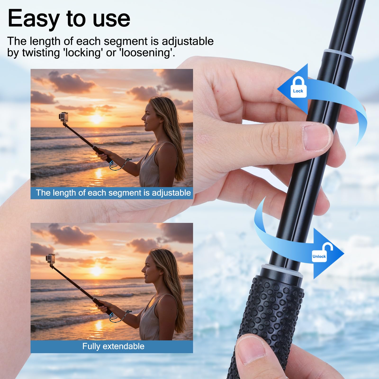 VINATO 19–49cm Selfie Stick für GoPro, Teleskopstange für Action Cam,Verstellbare Teleskop-Stick Aluminium Selfie-Stange für GoPro Hero 12/11/10/9/8/7/6 AKASO SJ4000 SJ5000 Insta360 X3 Action-Kameras