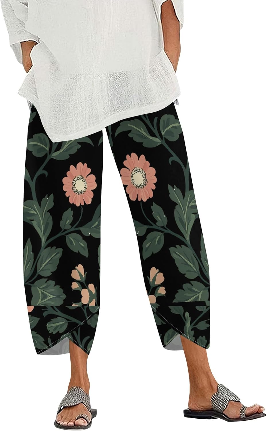 LIZALIG Womens Tropical Capri Pants High Waist Lemon Print Drawstring Summer Beach Cotton Linen Trousers