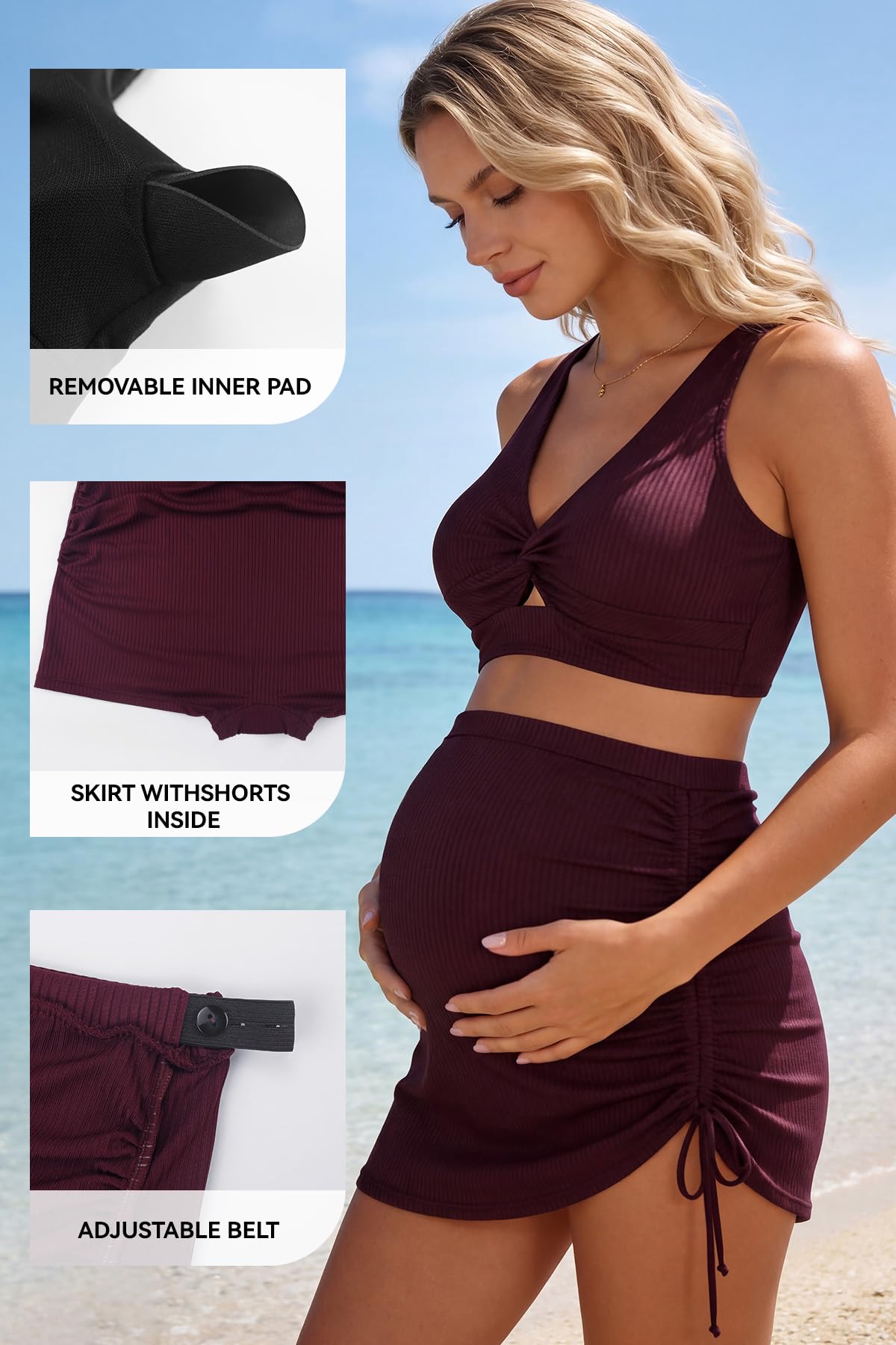 SHEKINI Zweiteiliger Schwangerschafts-Badeanzug mit hoher Taille, Bikini-Set, Schwangerschafts-Badeanzug, gedrehte Vorderseite, Netz-Baderock